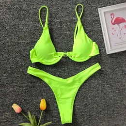 Jeans Neon Green Vbar Underwire Bikini 2023 Kvinnliga baddräkt Kvinnor Badkläder Twopiece V Formtråd Bikini Set Bather Bathing Suit K439