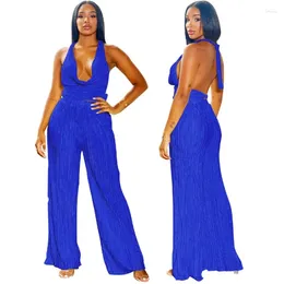 Women's Two Piece Pants 2 Women Sets Spring Summer Sexy Swing Collar Sleeveless Backless Tops Pleated Trousers Matching Set Bazin Baggy