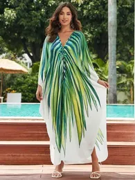 Women's Swimwear EDOLYNSA Bohemian V-neck Printed Women Relaxed Dress Kaftans Oversize Moo Dresses Outfit Bathing Suit Cover Up Robe Q1588