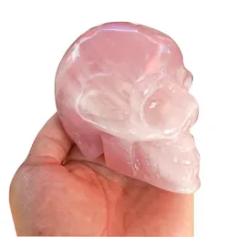 Crafts 4 inch Natural Pink Crystal Skull Rose Quartz Stone Carved Crystal Reiki Healing Realistic Human Skull Model Feng Shui Statue