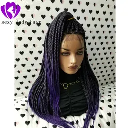 가발 새로운 Ombre Purple Color Synthetic Braided Wigs 고온 섬유 머리 긴 박스 브레이드 레이스 전면 가발