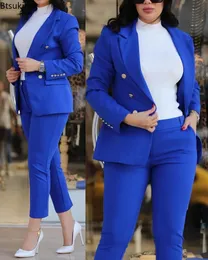 Formell Office Pant Set Women 2st Double Breasted Solid Blazers Jacka and Pants Two Pieces Set Female Pant Satser Set 240102