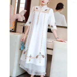 Ethnic Clothing 2024 Cheongsam Ao Dai Dress Women's Chinoiserie Style Chiffon Retro National Embroidery Tangsuits