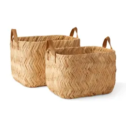 Modrn Water Hyacinth Rectangular Basket With Leather Handera dem i din var som helst du behöver lite extra lagringsset på 2 240103