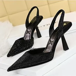 Dress Shoes Women High Heel 2024 Rhinestone Pointed Toe Shallow Sandals Low Back Strappy Sexy Pumps Bling Plus Size 35-43