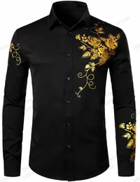 Long Sleeve Hawaiian Shirts Golden Floral Men Fashion Shirt Casual Beach Blouse Bussiness Camisa Men's Clothing Button Up 240104