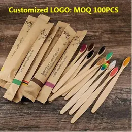 50/100st ECO Friendly Bamboo Cresutable Toothborstes Portable Adult Wood Soft Tooth Brush Anpassad lasergravering 240104