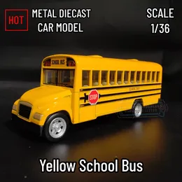 1 36 Yellow School Bus Replica Metal Car Model Scale Diecast Vehicle Collection Home Interior Decor Gift Kid Boy Toy 240104