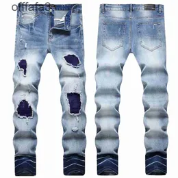 lila jeans herrar byxa 2024 Autumn/vinterljus mäns perforerade jeans am elastiska smala passformar små fötter trendiga långa byxor