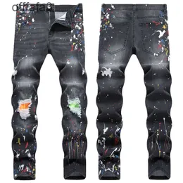 Jeans roxo calça masculina 2024 primavera nova moda de rua pintura jogando jeans masculino mão desgastado fino ajuste meados cintura calças elásticas