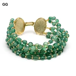 Pulseiras GG Jóias Natural 6 Linhas Facetada Forma de Moeda Natural Verde Ágata Pulseira Cubic Zirconia Pave Fecho 8.5 "Estilo Étnico para Mulheres