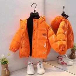 Moda menina menino outerwear inverno quente engrossar jaquetas bebê brilhante carta impressão casacos crianças roupas com capuz jaqueta acolchoada 240103