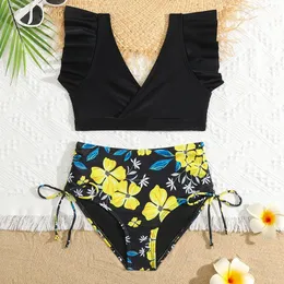 2-12 Years Floral Girl Swimsuit Kids Ruffle Shoulder Bikini Set Ruched Side Two Piece Children's Swimwear High midje baddräkt 240103