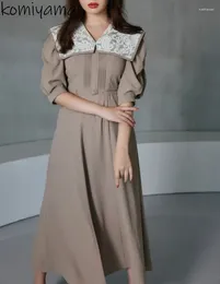 Sıradan Elbiseler 2024 Sonbahar Vintage Kadın Kontrast Dantel Donanma Büyük Yakası Vestidos Mujer Puf Sleeve Elbise Japonya Ropa Kemer