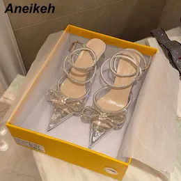 Aneikeh Fashion Cross-bundna Crystal Pointed Toe Pumps Butterfly-Knot smal band Bling Patchwork Women's Shoes Spring/Autumn 240103