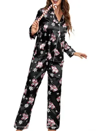 Kvinnor S 2 Piece Christmas Silk Pyjama Set Long Sleeve Button Down Shirt and Loose Fit Pants Satin Loungewear Set 240104