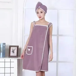 Towel Coral Fleece Bath Dress Wearable Hair Drying Cap Quick-Dry Cute Bow Pocket Suspenders Soft Wrap Chest For Women Girls