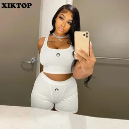 Capris Xiktop Solid Color 2 Piece Pants Sets Pattern Printed Sleeveles Sweatshirts+ Bodycon Pants Sexy Crop Top Suits Women Streetwear