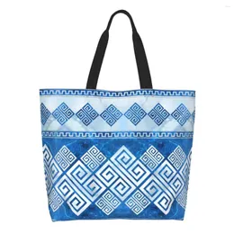 Sacos de compras Reciclagem Grego Meandro Bolsa Ombro Canvas Tote Portátil Chave Azul Gemstone e Pearl Grocery Shopper