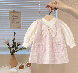 Lady Style Children Clothes Set Girls Puff Sleeve Bottoming Shirt Bows Woolen Vest Dress 2024 Spring Kids Princess Outfits Z6495