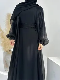 Ethnische Kleidung Puffärmel Abaya Innenkleid Muslim 2-teiliges Set für Frauen Eid Ramadan Lace-up Islam Cardigan Dubai Arab Long Robe