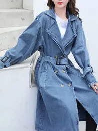 Spring Autumn Women Fashion Denim Trench Coat Double Breasted Laceup Long Jean Jacket Vintage Solid Color Outwear 240103