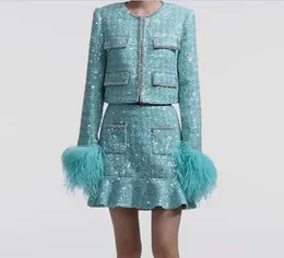 2024 Self Portrait winter new women's clothing coarse tweed green sequin feather sleeves small fragrant coat high waisted half skirt only half skirt