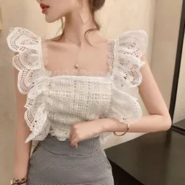 Tops YiLin Kay 2021 Women Sweet Hollow Out Tops Ladies White Sexy Sleeveless Ruffled Blouses Lace Top Shirt Summer Chic Tops