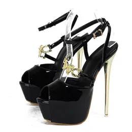 Liyke Black White Patent Leather Platform Pumps Women Shoes Fashion Metal Butterfly Designer High Heels Stiletto Sandals Size 42 240103