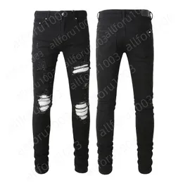 Klassisk tryckt broderi amirlies designer mens jeans motorcykel hål lyxig blå denim herr mode gata slitage designer byxor grossist mäns nödställda jean