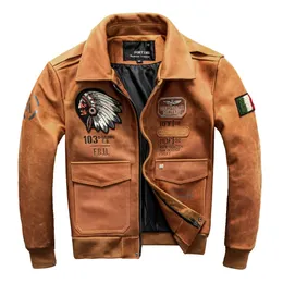 Orange Autumn Pilot Leather Jacket Men Militär stil plus storlek 5xl Natural Cowhide Slim Fit Aviation äkta läderrock 240103