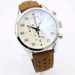 Estilo clássico NOVO ARRIVALCalibre SpaceX Chrono Flyback Cronômetro Mostrador Branco Cinto de Couro Marrom Mens Relógios Esportes Gent Watch VK C202u