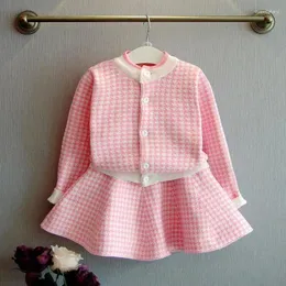Conjuntos de roupas meninas ternos infantis outono inverno xadrez moda coreana malha cardigan suéter saia curta crianças roupas