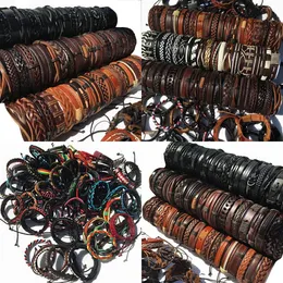 Bangle slumpmässiga 100 st/set väv wrap läder män armband för kvinnor armband femme homme manliga smycken pulsera hombre erkek bileklik wp14