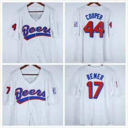 Personalizzato Uomo Donna Gioventù Doug''Remer''17 Joe Coop''Cooper''44 BASEketball Jersey BEERS Film Button Down Bianco Tutto cucito Punto cucito Maglie di alta qualità