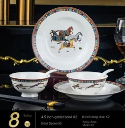 Oriental Horse Table Seary Bowl and Plates Set Ceramic Hushåll Ljus lyxrätter och skålar med Bone China Chopsticks Gift European Style Bowl