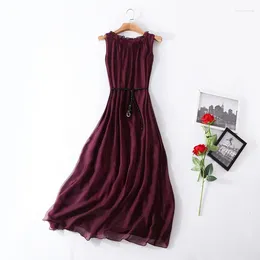 Casual Dresses Birdsky 1PC Women Dress Sleeveless With Belt Ruffles Neck Big Sweep Real Mulberry Silk 7 Solid Colors S-546