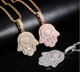 Iced Out Mão de Fátima Hamsa Pingente Colar CZ Cobre Top Quality Cubic Zircon Bling Para Homens Mulheres Hip Hop Gifts3378698