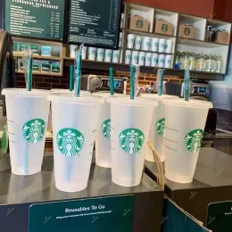 Русалка Богиня 240/710 мл Кружки Starbucks Многоразовые чашки Starbucks для холода Пластиковый черный прозрачный стакан с крышкой Соломенная черная чашка BJ