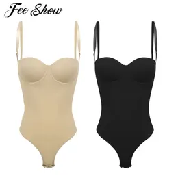 Womens Adjustable Spaghetti Straps Underwire Padded Push Up Backless Tummy Control Full Body Shaper Thong Bodysuit Shapewear 240104