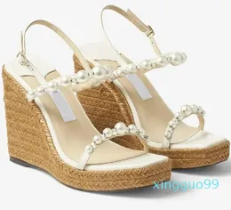 Summer Amatuus Brand Lady Sandals Shoes Latte Nappa Latte Wedge With Pearls Crystal Evening Dress Lady Gladiator Sandalias