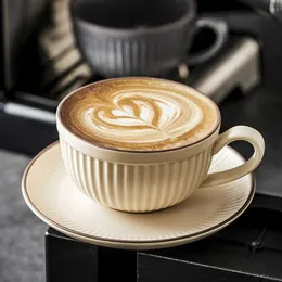 Coffee Cup Saucer Spoon Set Retro Vertical Stripes Ceramic Mug for Cappuccino Latte Milk Tea Kitchen Accessories 240104