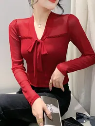 Koszule damskie Winslenter elegancka podstawowa koszulka koszulki z długim rękawem Kobiety seksowne bowtie ręcznie wykonane z koralikami Slim Mesh Tops Autumn Spring T39299JC