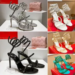 Moda Margot Jewel Sandalet Tasarımcı Yılan Twining Zarif Sandal Rene Caovilla Kadın Seksi Ziyafet Partisi Stiletto Yüksek Topuk Kristal Altın Rhinestone Elbise Ayakkabı