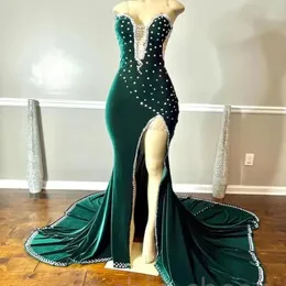 Sexy Green Mermaid African Prom Dress Strapless Pears Beads Silt Velvet Long Evening Formal Party Birthday Engagement Gowns Robe De Soriee