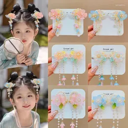 Acessórios de cabelo 2 pçs bonito estilo chinês crianças menina hairpin headdress fita borla bebê flores pérola clipes headwear