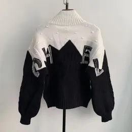 Дизайнерский свитер, зимний роскошный женский кардиган, водолазка, черно-белая буква, контрастный цвет, трикотаж, вышивка, ремесло