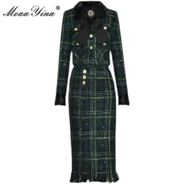Moaayina 패션 디자이너 Winter Plaid Tweed Skirts Suit Women 's Bow Beading Long Sleeve Jacket Tassel Skirt Set 240103