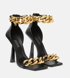 Zarif altın zincir-bağlantı kayışları nappa deri sandalet ayakkabıları fermuarlı topuk pompaları lüks marka kadın yüksek topuklu ayakkabılar eu35-42.Box