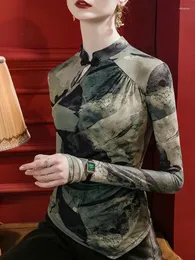 Koszulki damskie Winslenter Elegancka podstawowa koszulka długoterminowe tee elastyczne jesienne jesienne kobiety mandarynowe kołnierz mandarynki nadruk szumek topst39921jc